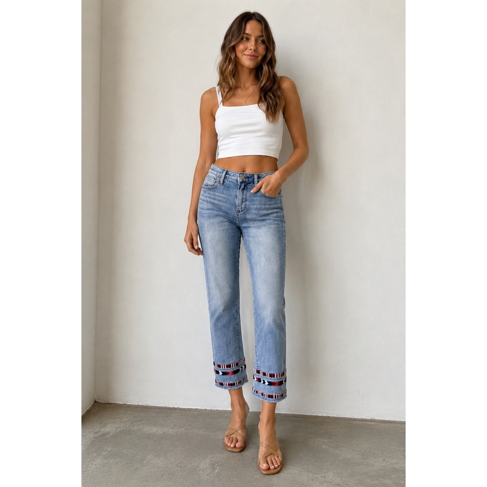 Driftwood Light Wash Embroidered Straight Crop Jeans Sz 26 Boho Western Festival